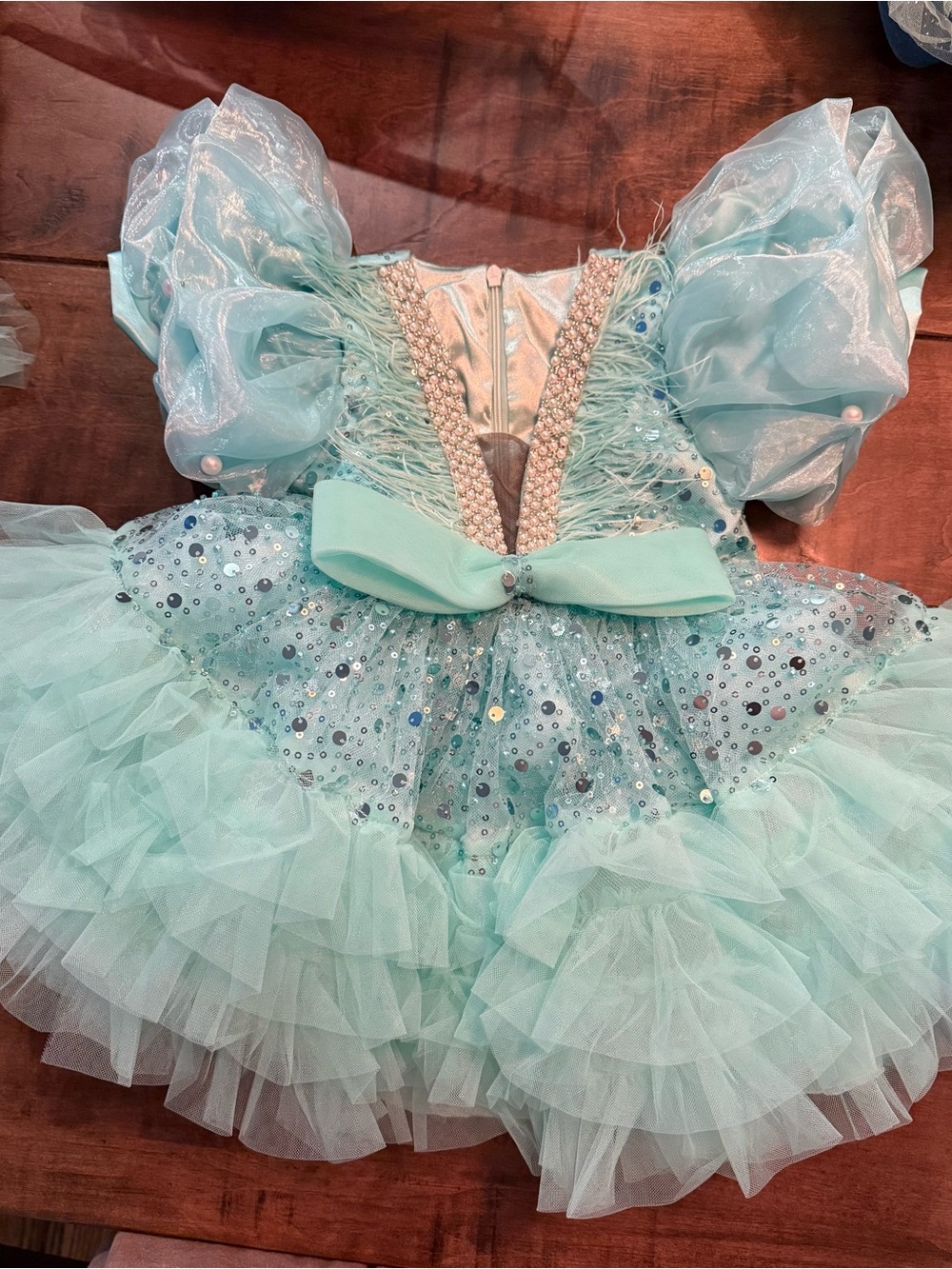 Custom made pageant dress/holiday/party dress- mint with removable train